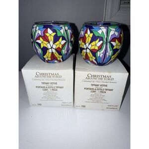 House of Lloyd Christmas Around the World Tiffany Candle Votive Glass SET OF 2 Q
